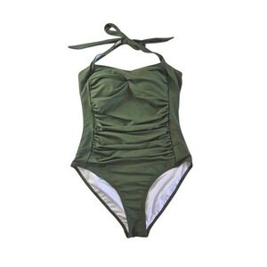 AIMAGE Womens Ruched One Piece Swimsuit Olive Green Halter Neck Size Large